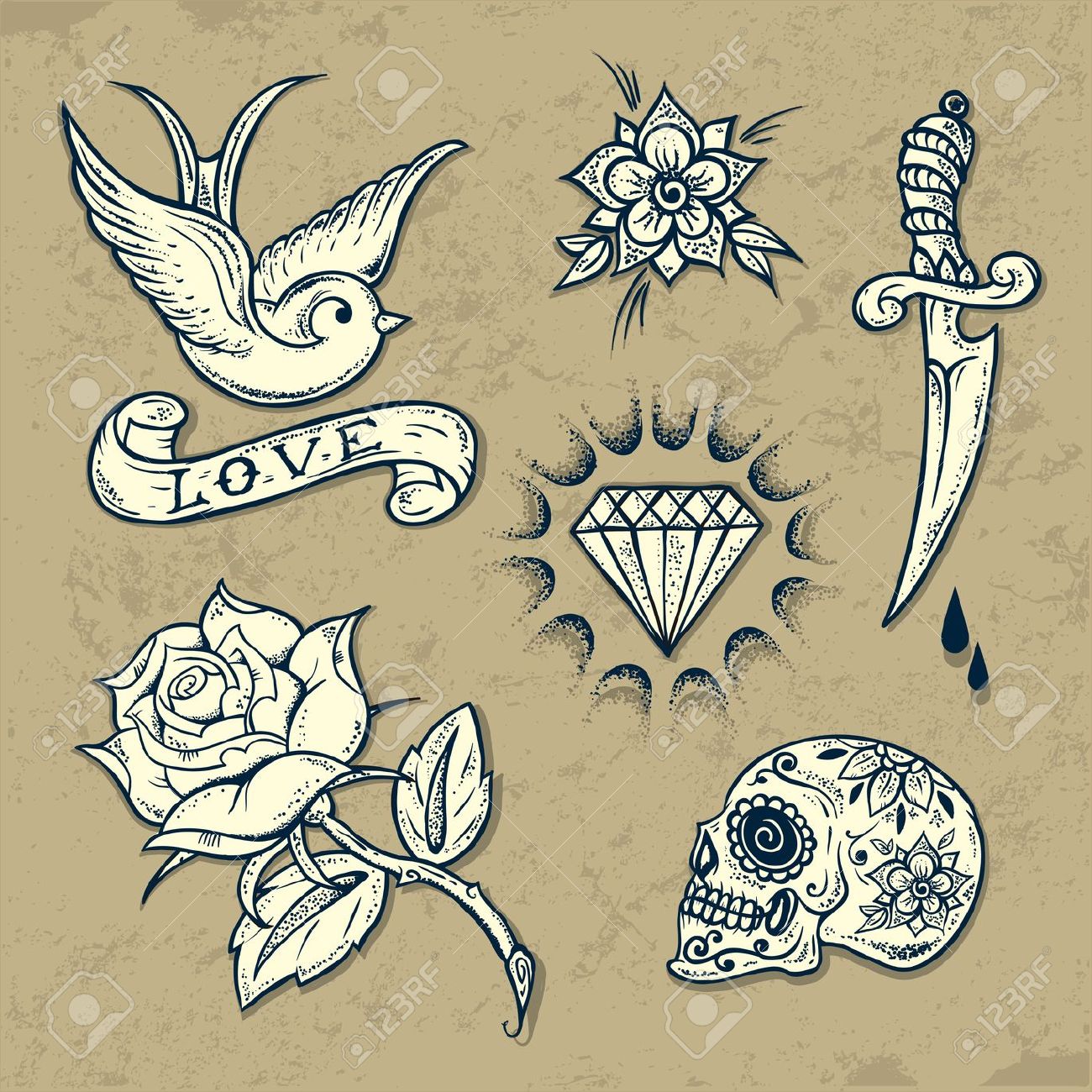 21355461-Set-of-Old-School-Tattoo-Elements-with-roses-and-diamonds-Stock-Vector
